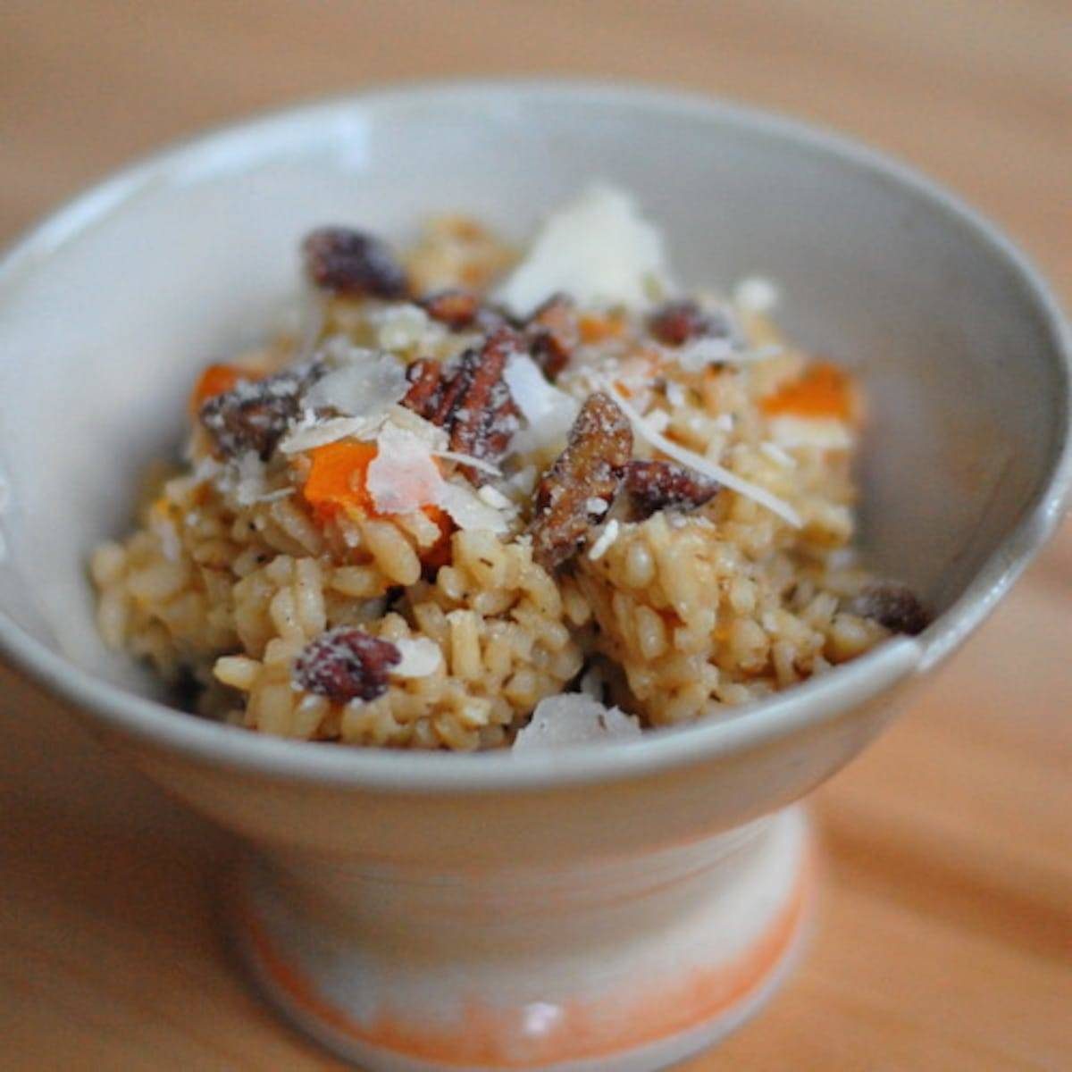 Creamy butternut squash risotto in a bowl.